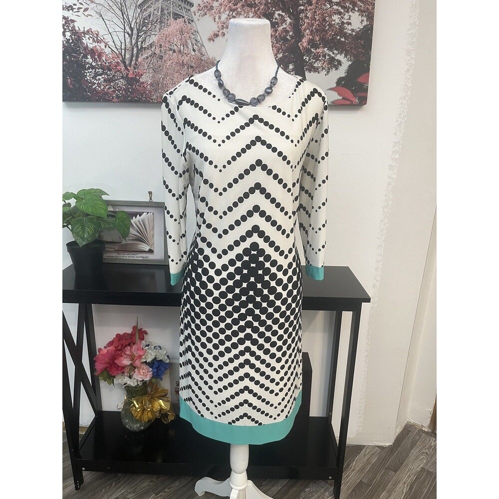 Studio One New York Shift Dress Size M White Black Polka Dot Chevron Mint Trim
